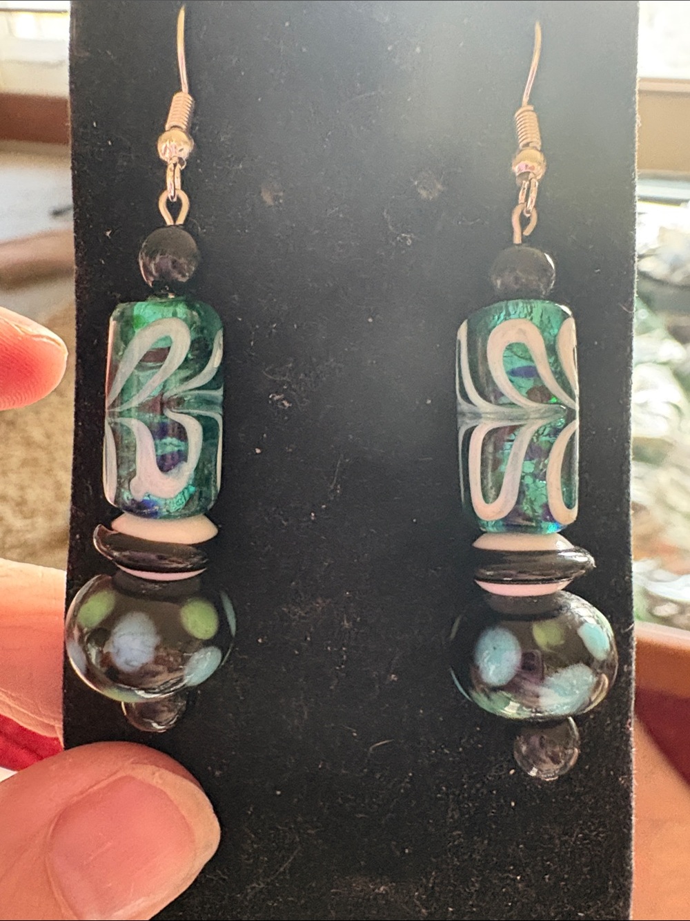 Hand Crafted Teal and Black Paintd Glass Drop Earrings